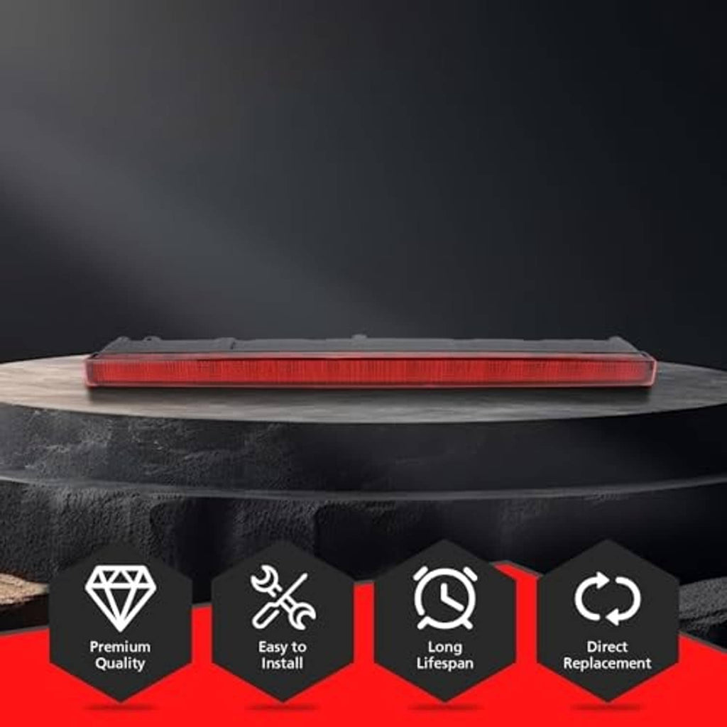 Horizontal third brake light bar with red lens and black housing on a display stand