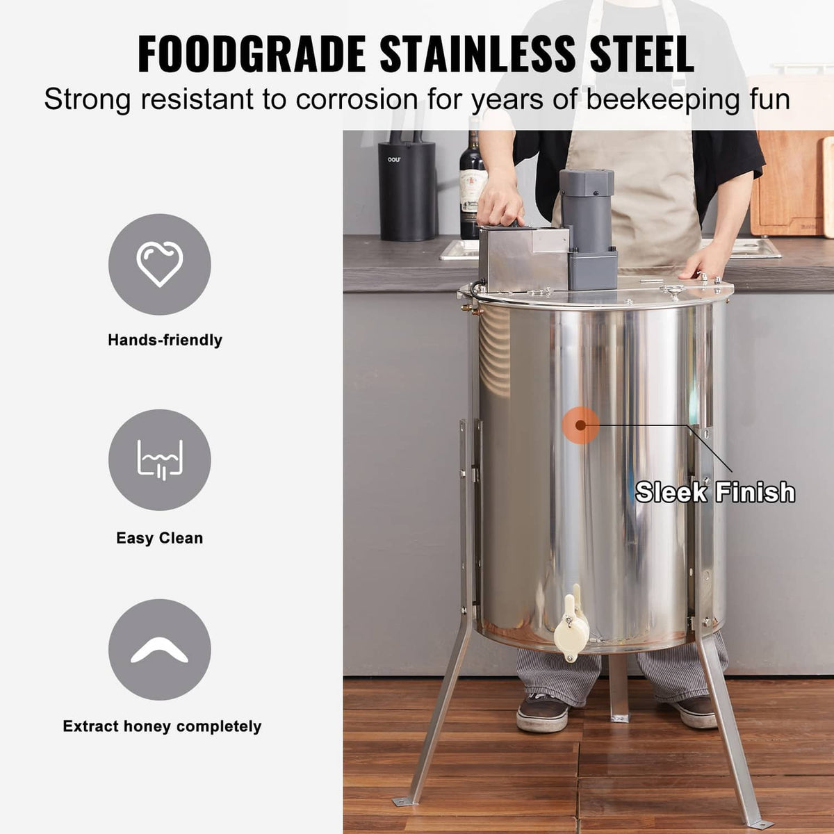 Stainless steel electric honey extractor with clear drum and sturdy legs