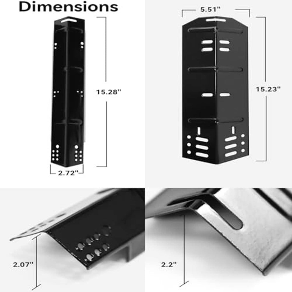 Black grill heat plate part with perforated ends, shown with size measurements