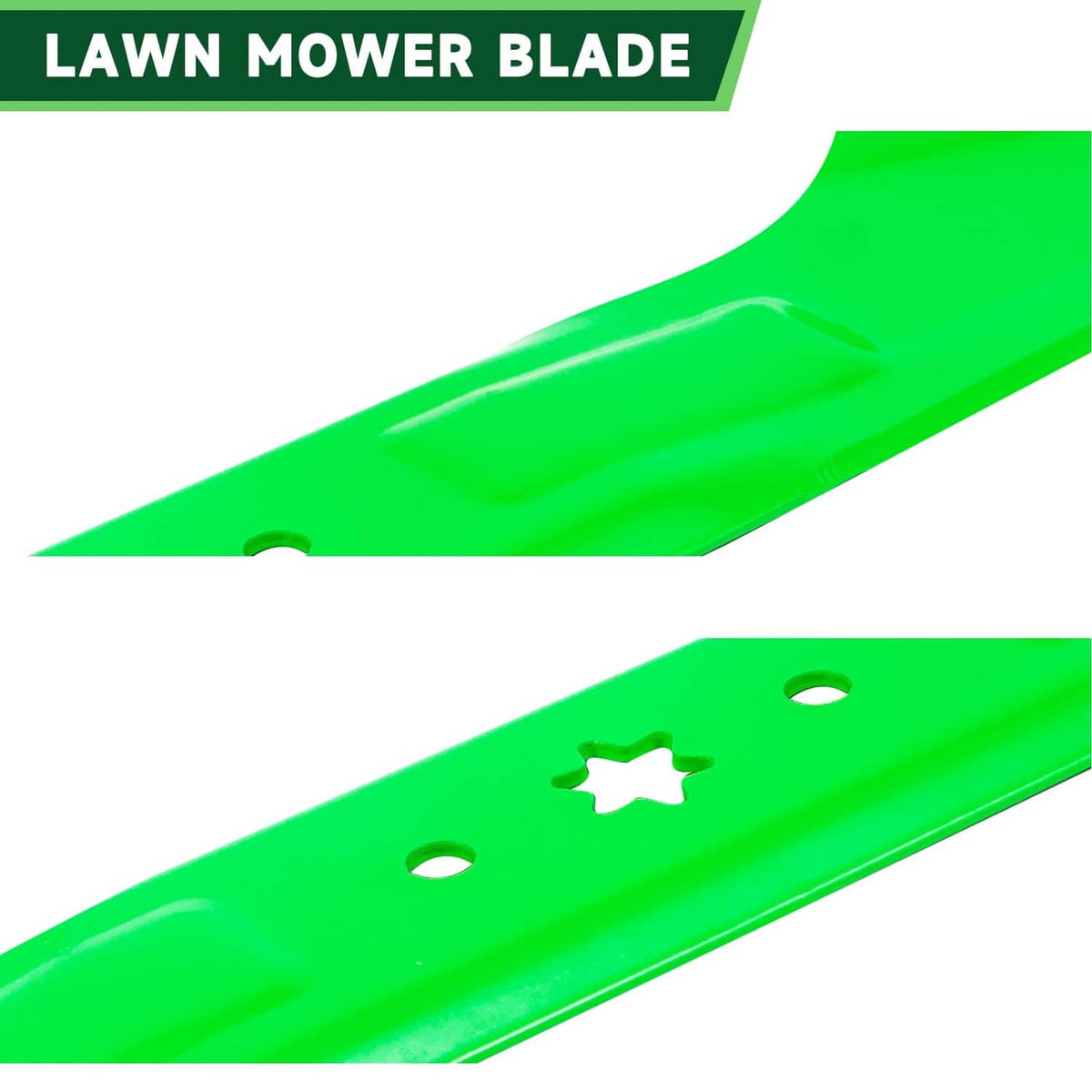 Green lawn mower blade with center hole and star-shaped blade mounting area