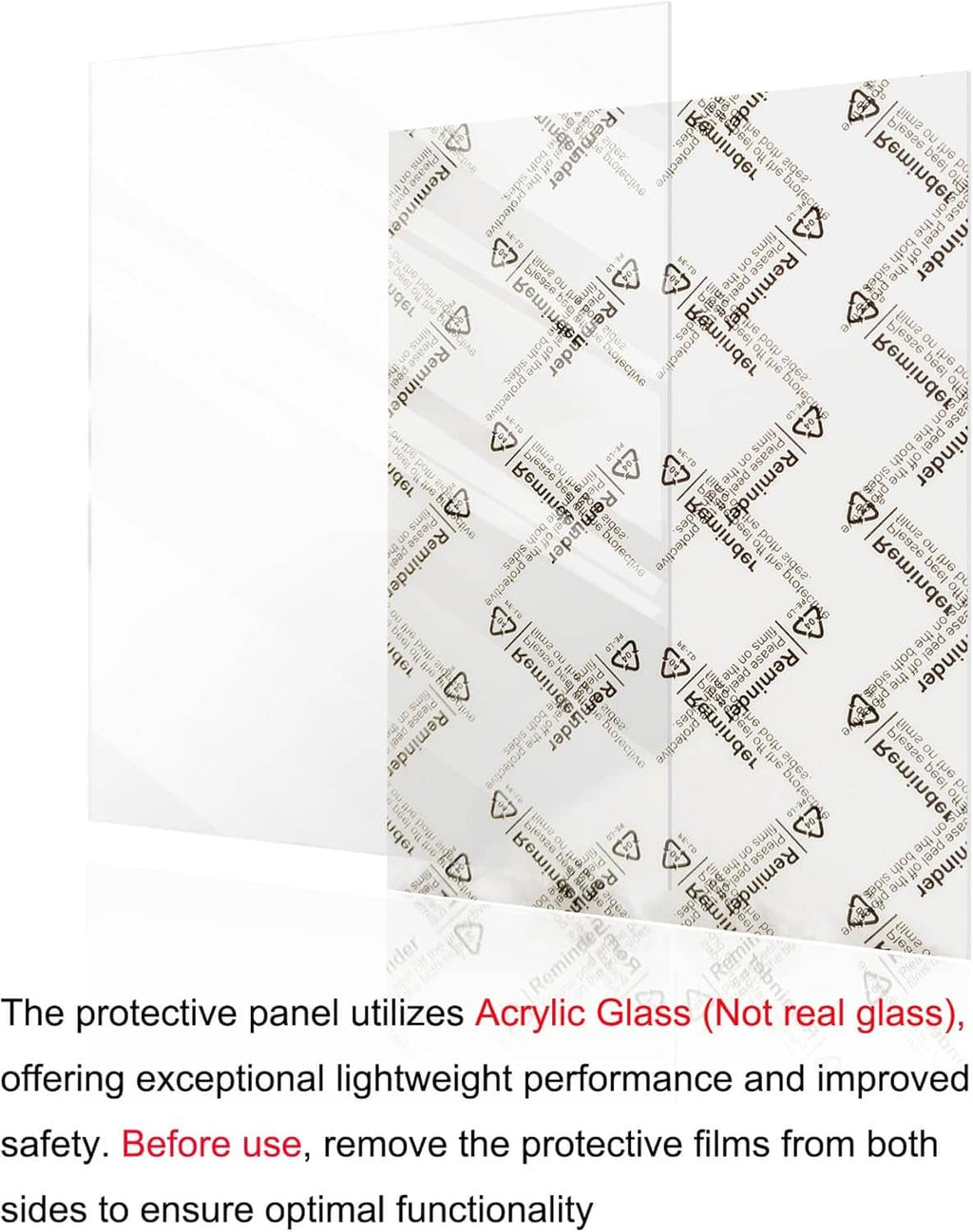 Protective clear panel for picture frames shown with printed protective film.