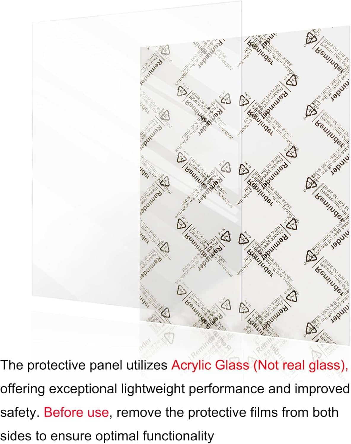 Protective clear panel for picture frames shown with printed protective film.