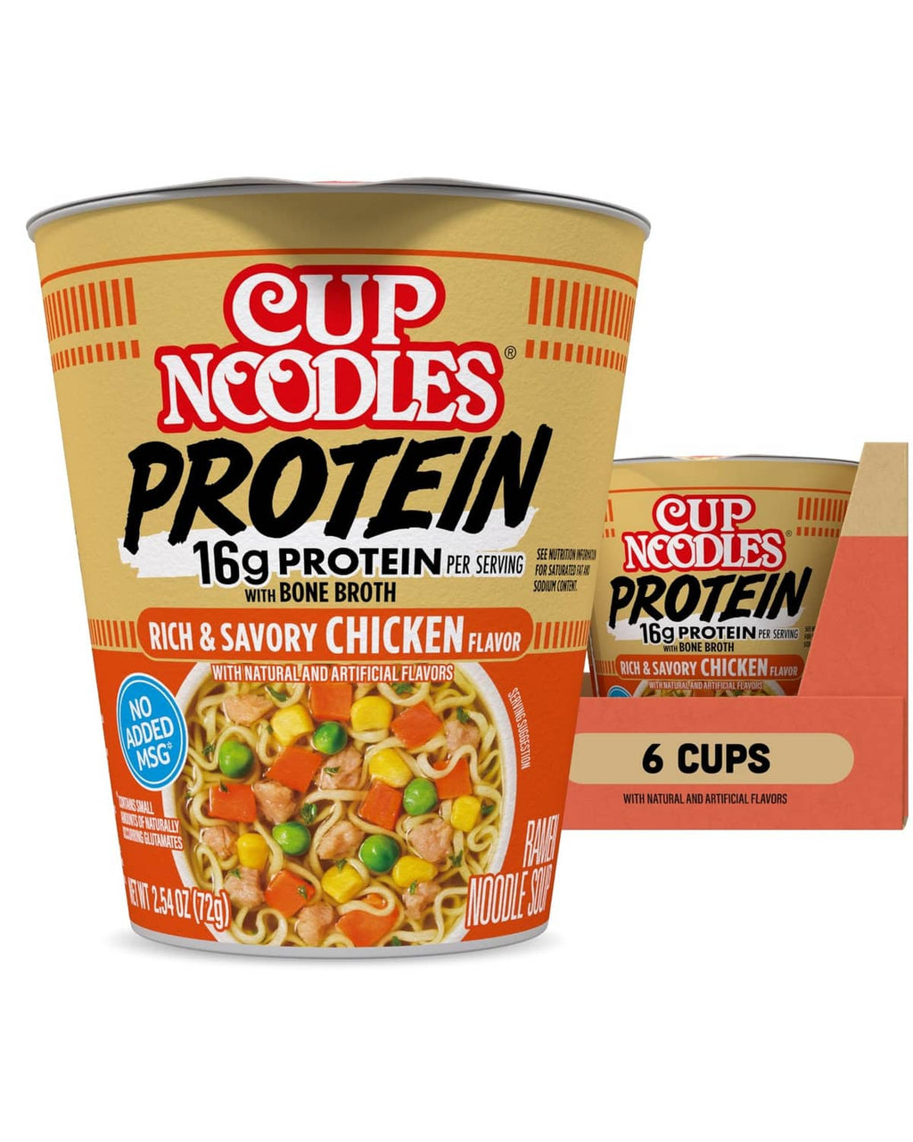Nissin Cup Noodles Protein ramen cup with Rich & Savory Chicken flavor graphics