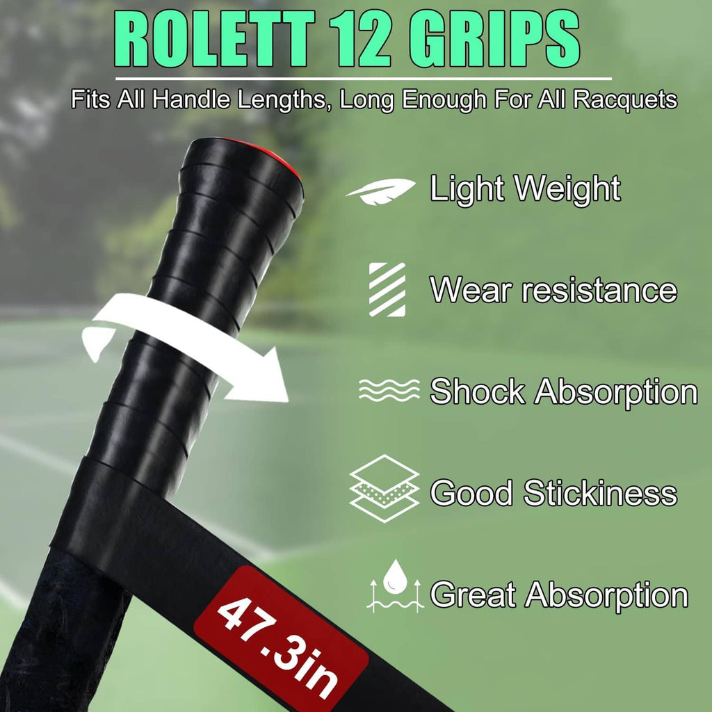 Black racket grip tape on handle, pre-cut grip pieces with ROLETT branding