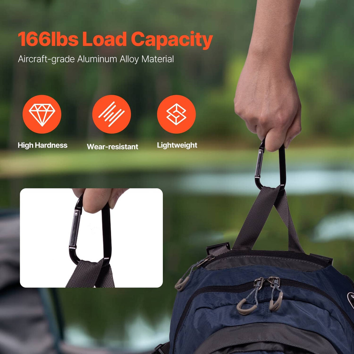 Black snap carabiner keyring clipped to a backpack strap, held in hand.