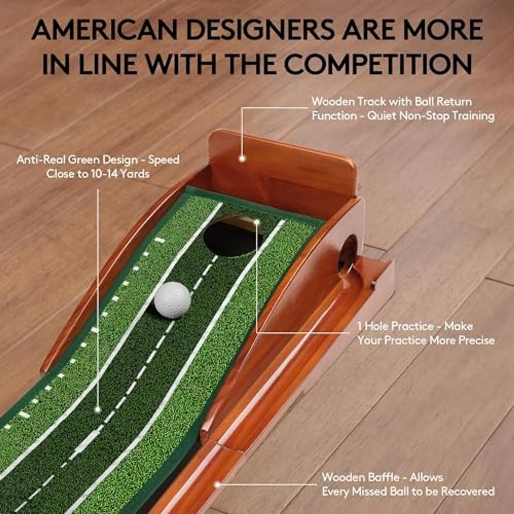 Green golf putting mat on a wooden ball-return track with one practice hole