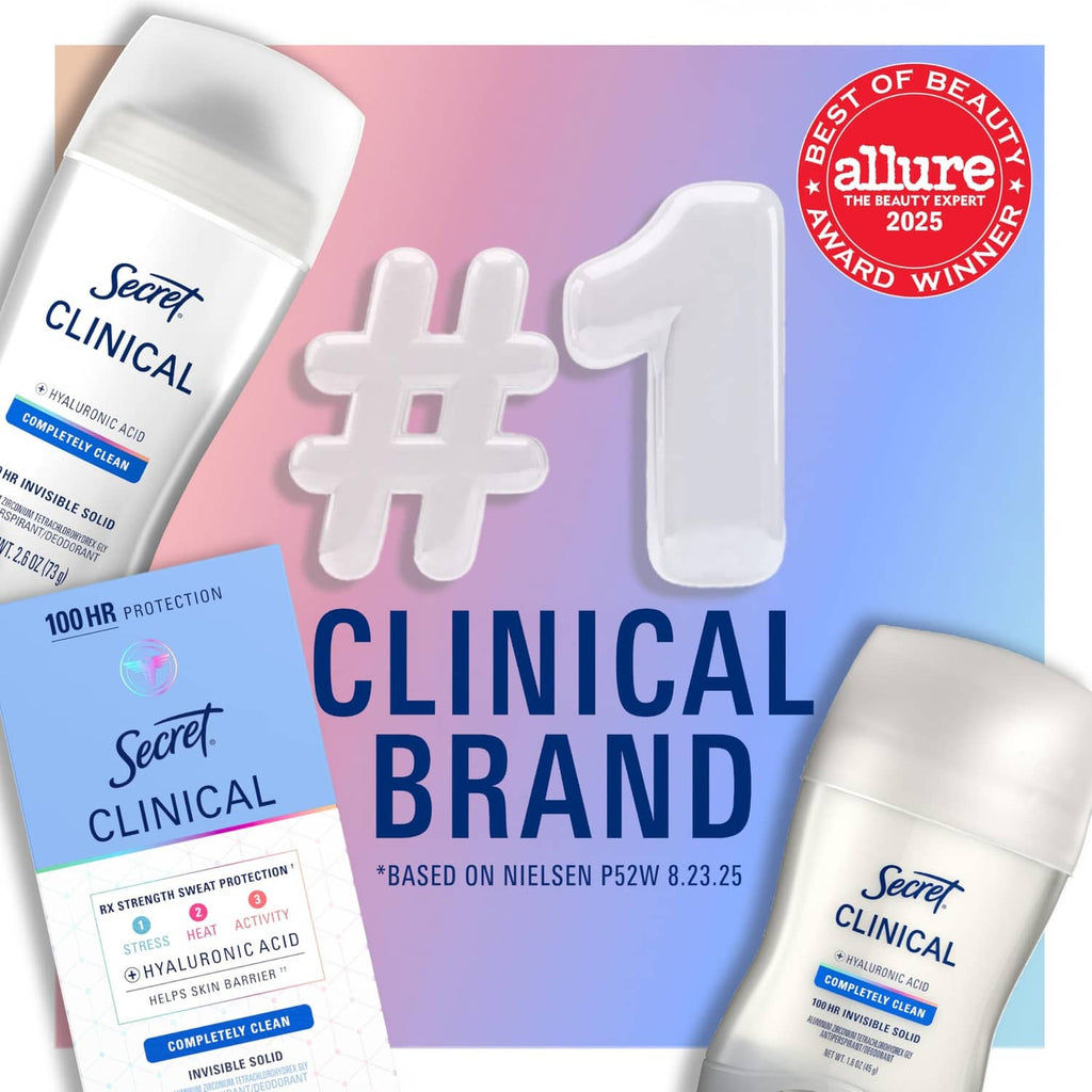 Secret Clinical antiperspirant white solid in container with pack and logo