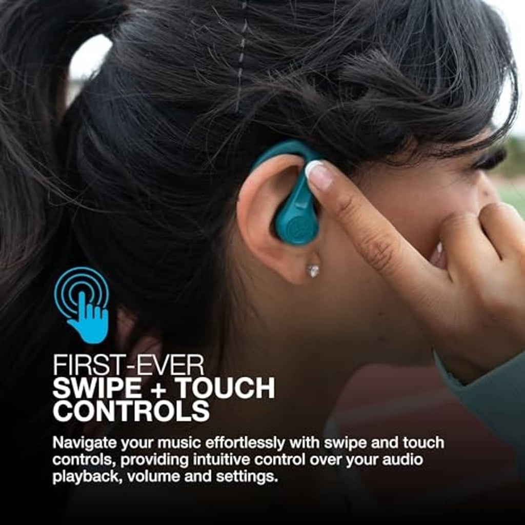Teal sport earbuds with ergonomic ear hook and in-ear tip, close-up