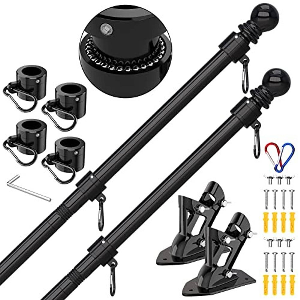 Black flag pole kit with rotating ring, clamp mounts, and rope hook accessories