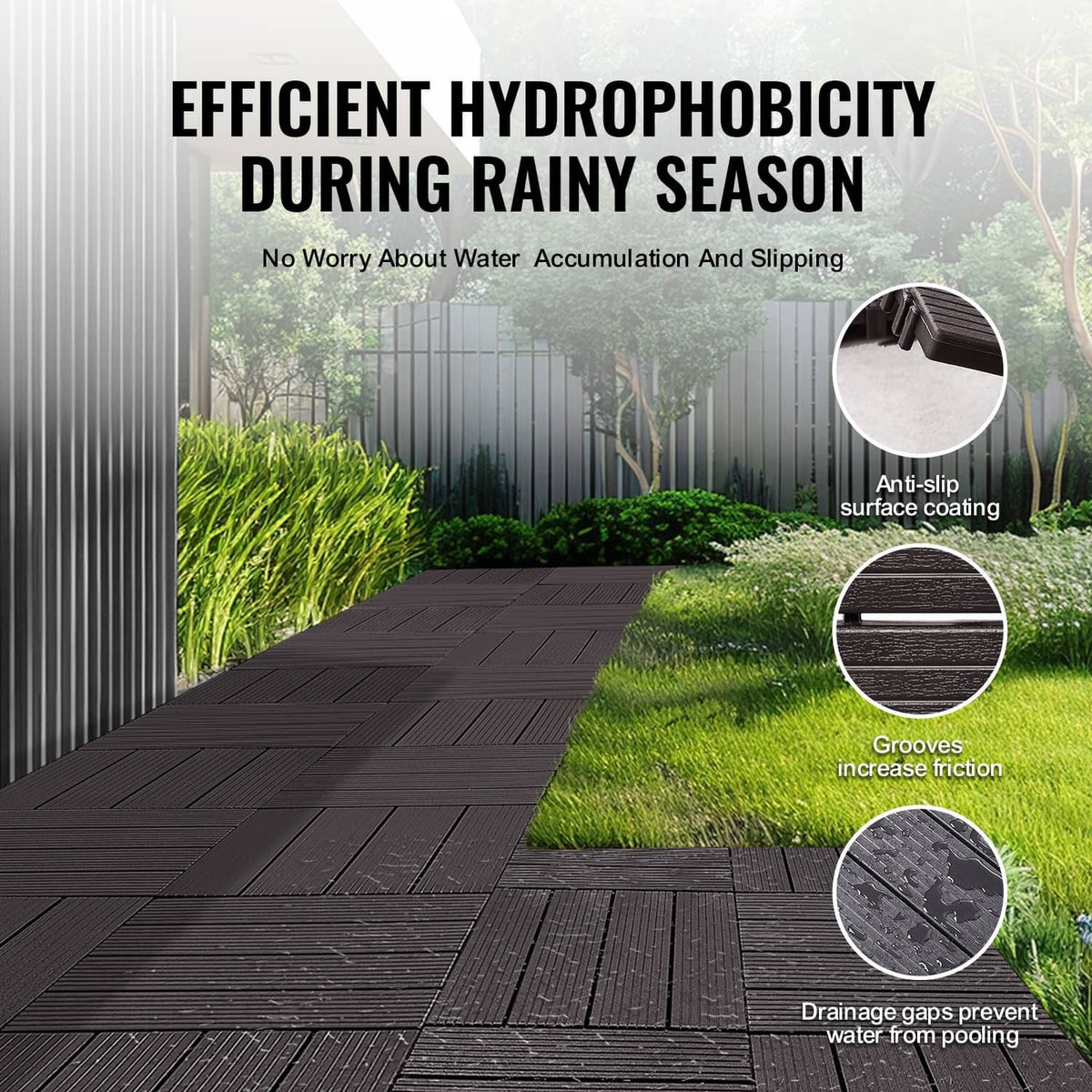 Interlocking deck tiles, dark brown, anti-slip grooves and drainage gap channels