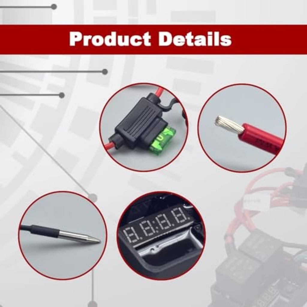 Fan controller kit details: connector plugs, sensor probe, and digital display window