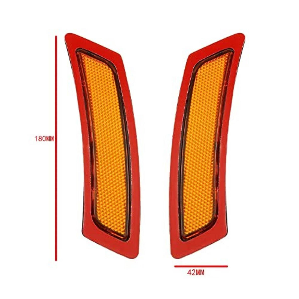 Pair of amber side marker lights with red housings and slim vertical shape