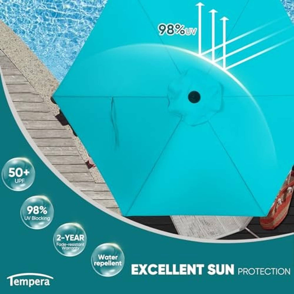 Turquoise umbrella canopy with UV protection and water-repellent fabric detail