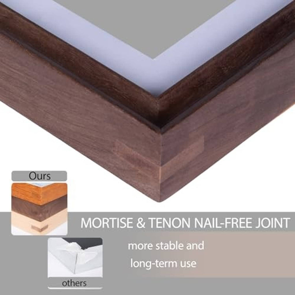 Natural walnut wood picture frame corner showing mortise & tenon nail-free joint construction