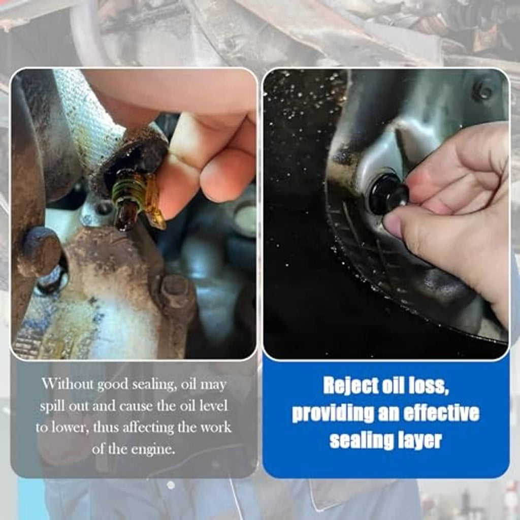 Oil drain plug gasket being installed under engine, circular metal-rubber washer in hand