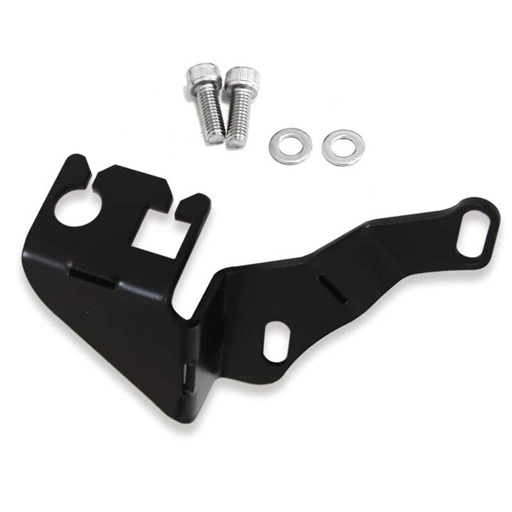 Throttle cable bracket kit, black metal with included bolts and two washers.