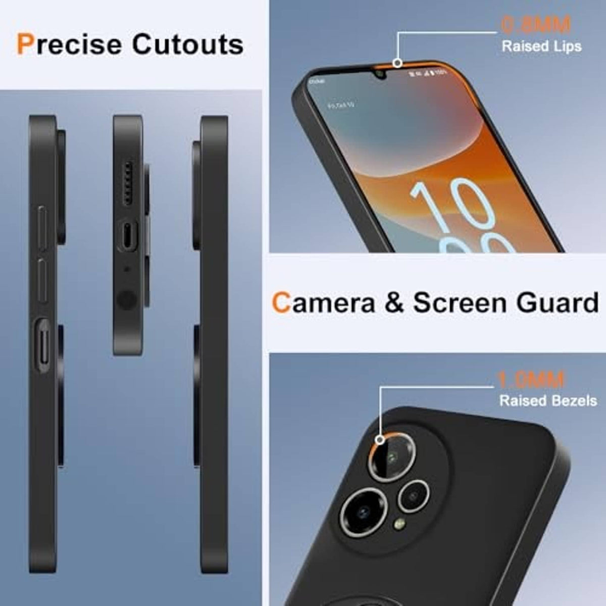 Black phone case with precise side cutouts and raised screen and camera guards.