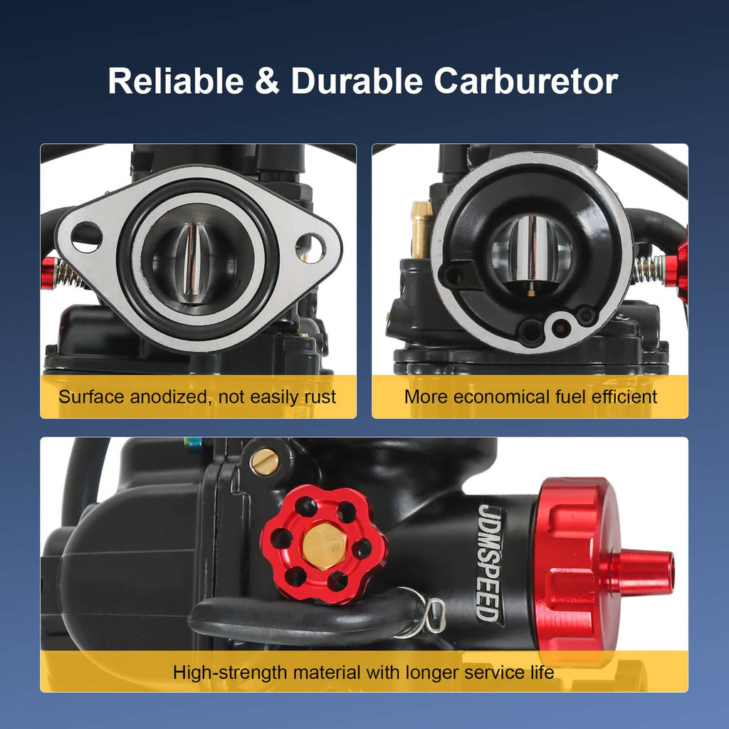 Durable flange carburetor with red housing and black body, close-up of inlet and jets