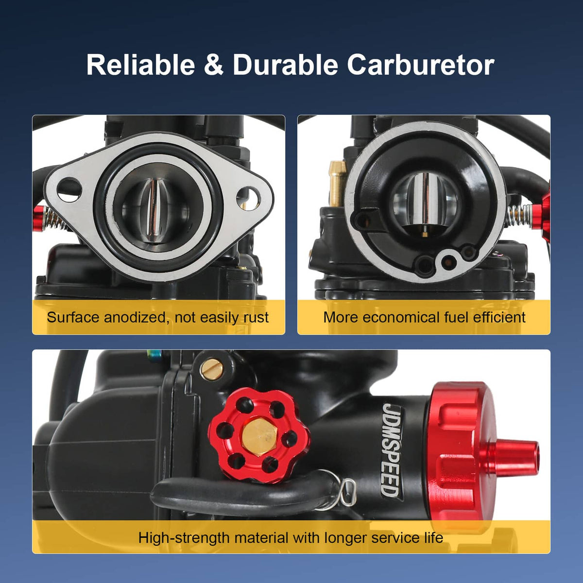 Durable flange carburetor with red housing and black body, close-up of inlet and jets