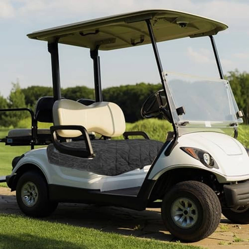 Black quilted seat cover on golf cart front bench seat