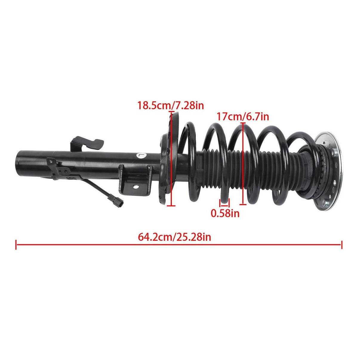 Front suspension shock strut assembly with black coil spring and mounting bracket