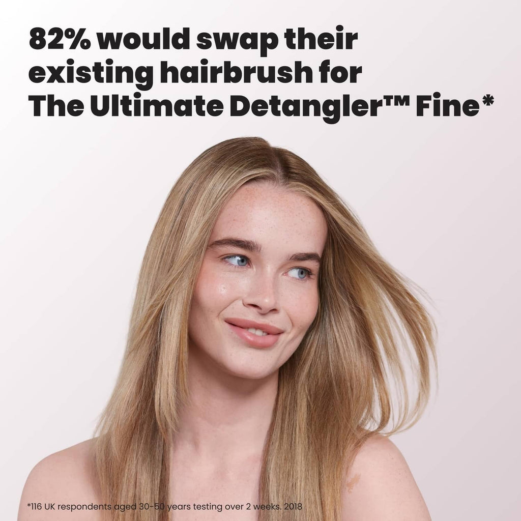 Woman holding pink detangling brush with blonde hair, marketing text above