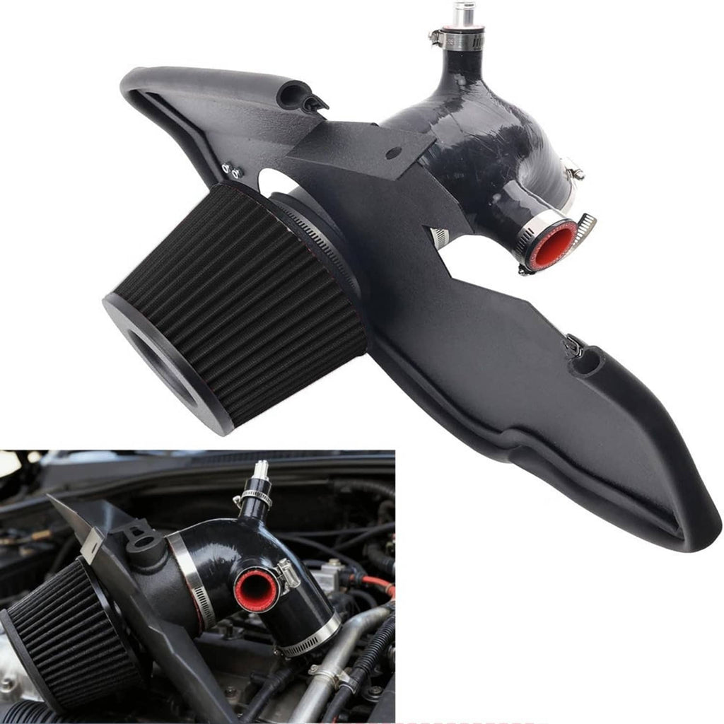 Black cold air intake kit with cone air filter, heat shield, and red outlet
