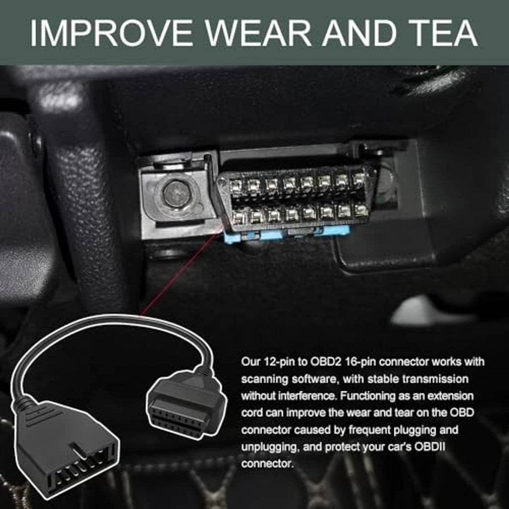 OBD1 to OBD2 adapter cable with black 12-pin and 16-pin connectors plugged in