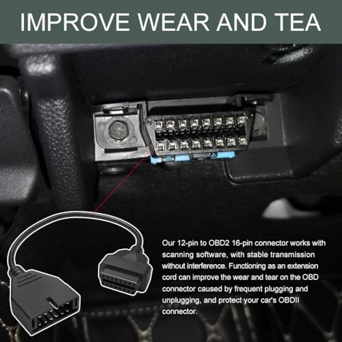 OBD1 to OBD2 adapter cable with black 12-pin and 16-pin connectors plugged in