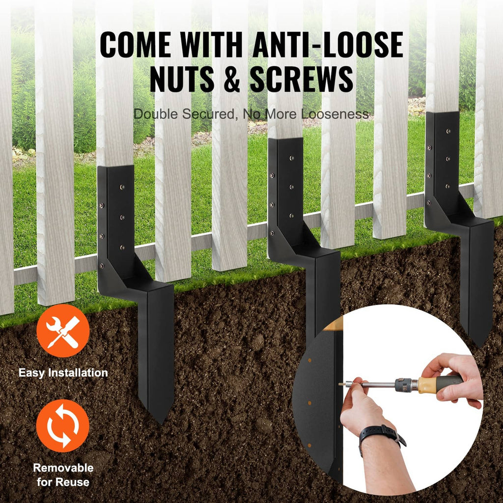 Black fence post anchors with anti-loose nuts and screws, install-ready kit