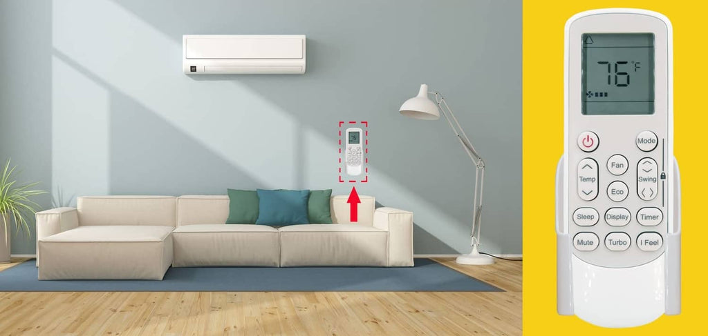 White replacement AC remote control shown with screen temperature reading 76°F