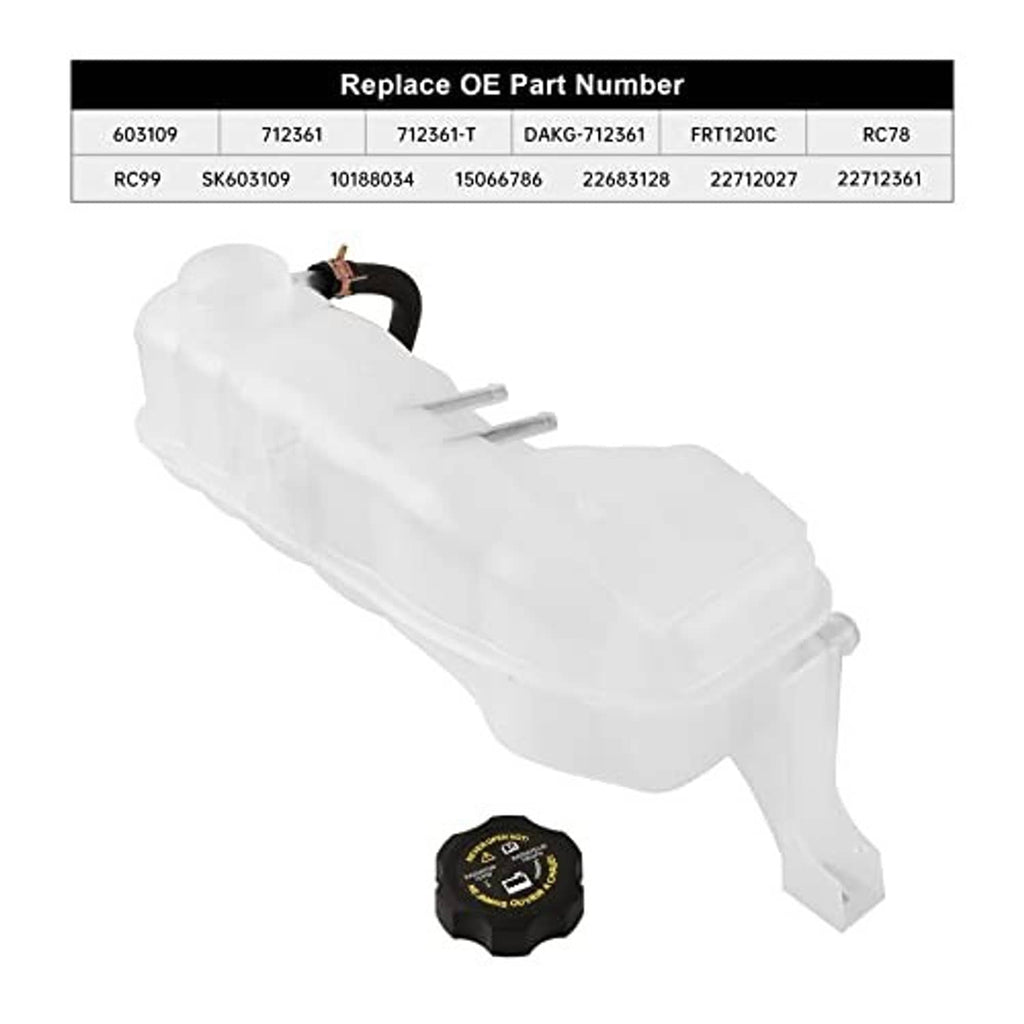White coolant reservoir overflow tank with black cap, wire connector, and black hose