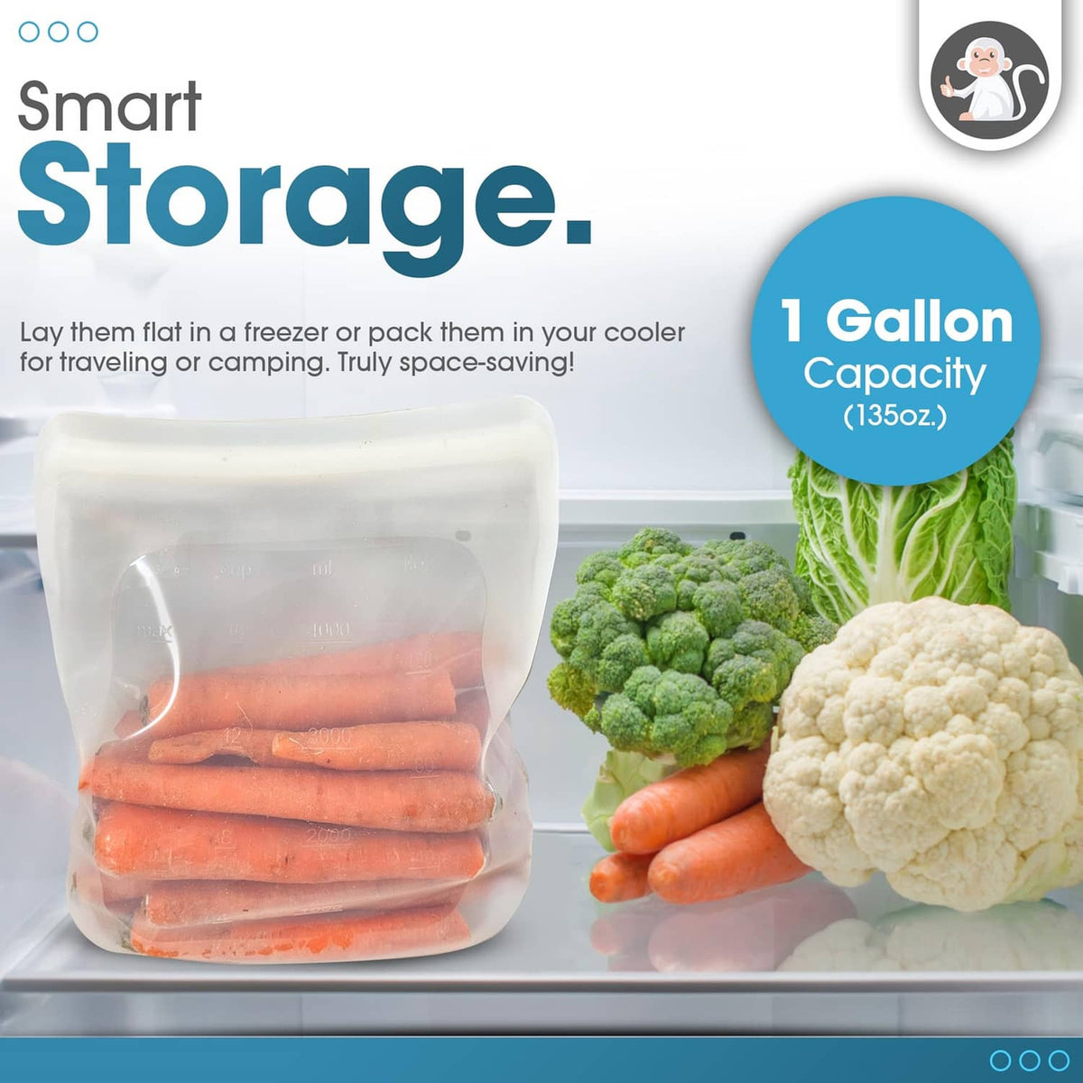 Reusable 1-gallon silicone storage bag with stacked orange carrots