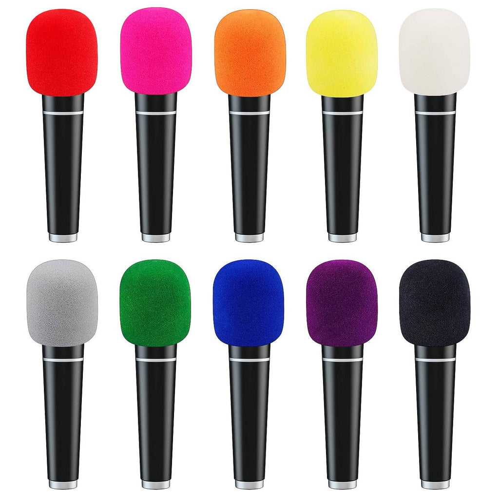 Set of foam microphone covers in multiple colors on handheld microphones