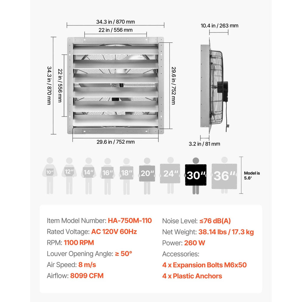 Wall-mounted shutter exhaust fan diagram with side housing and front louver frame