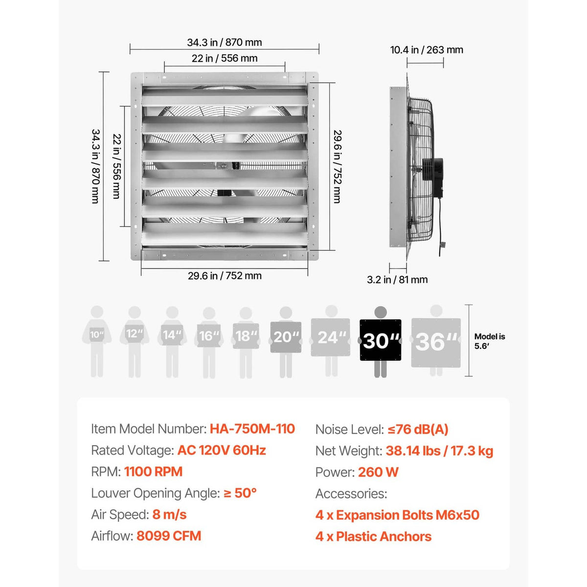 Wall-mounted shutter exhaust fan diagram with side housing and front louver frame
