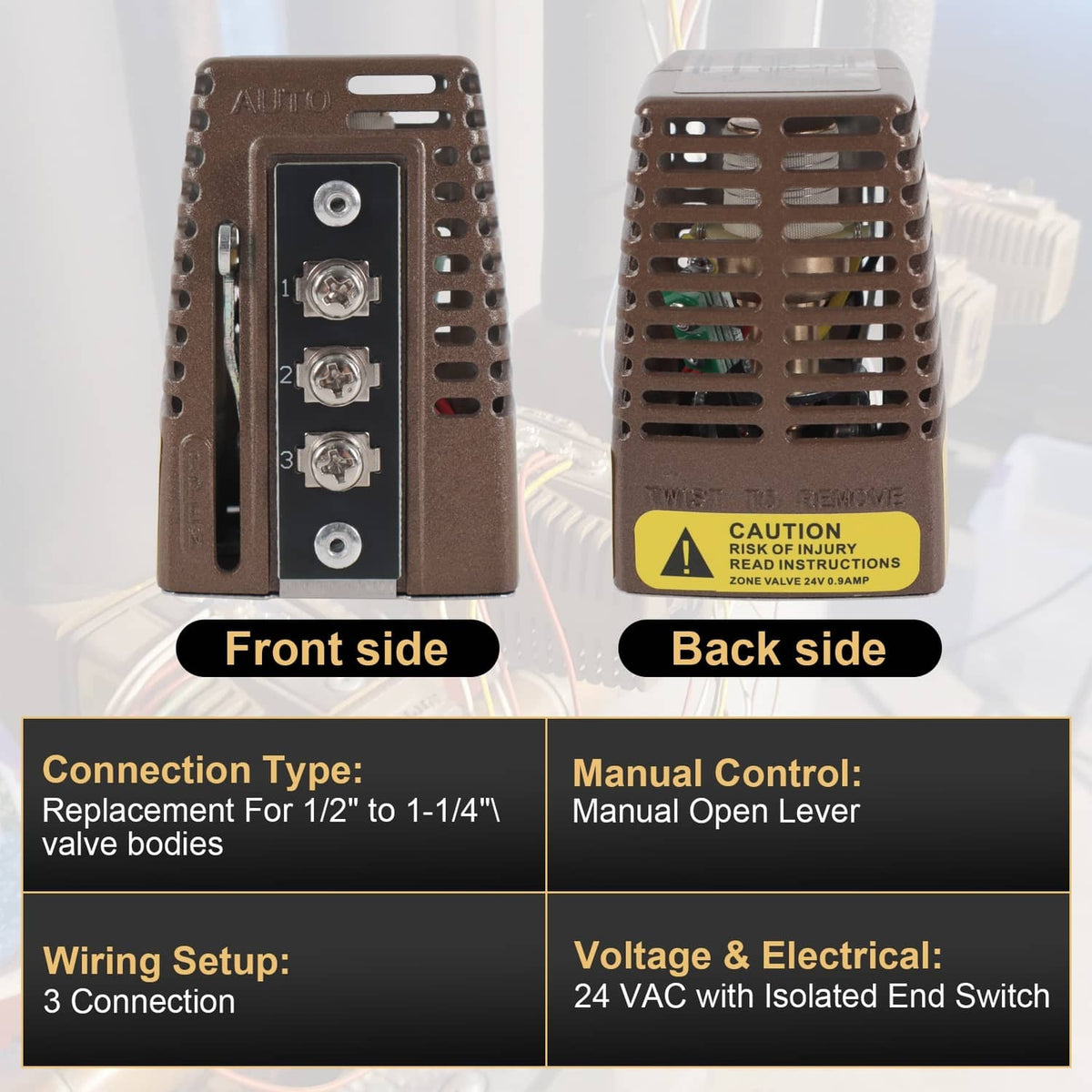 Bronze power head front and back views, vented housing with three terminal screws