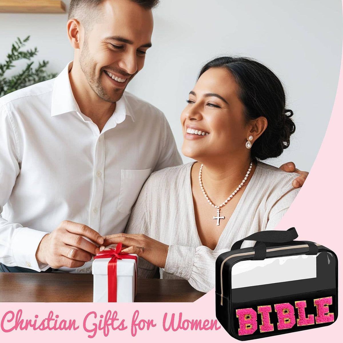 Black bible bag with pink 'BIBLE' letters, gold zipper, and top carrying handles