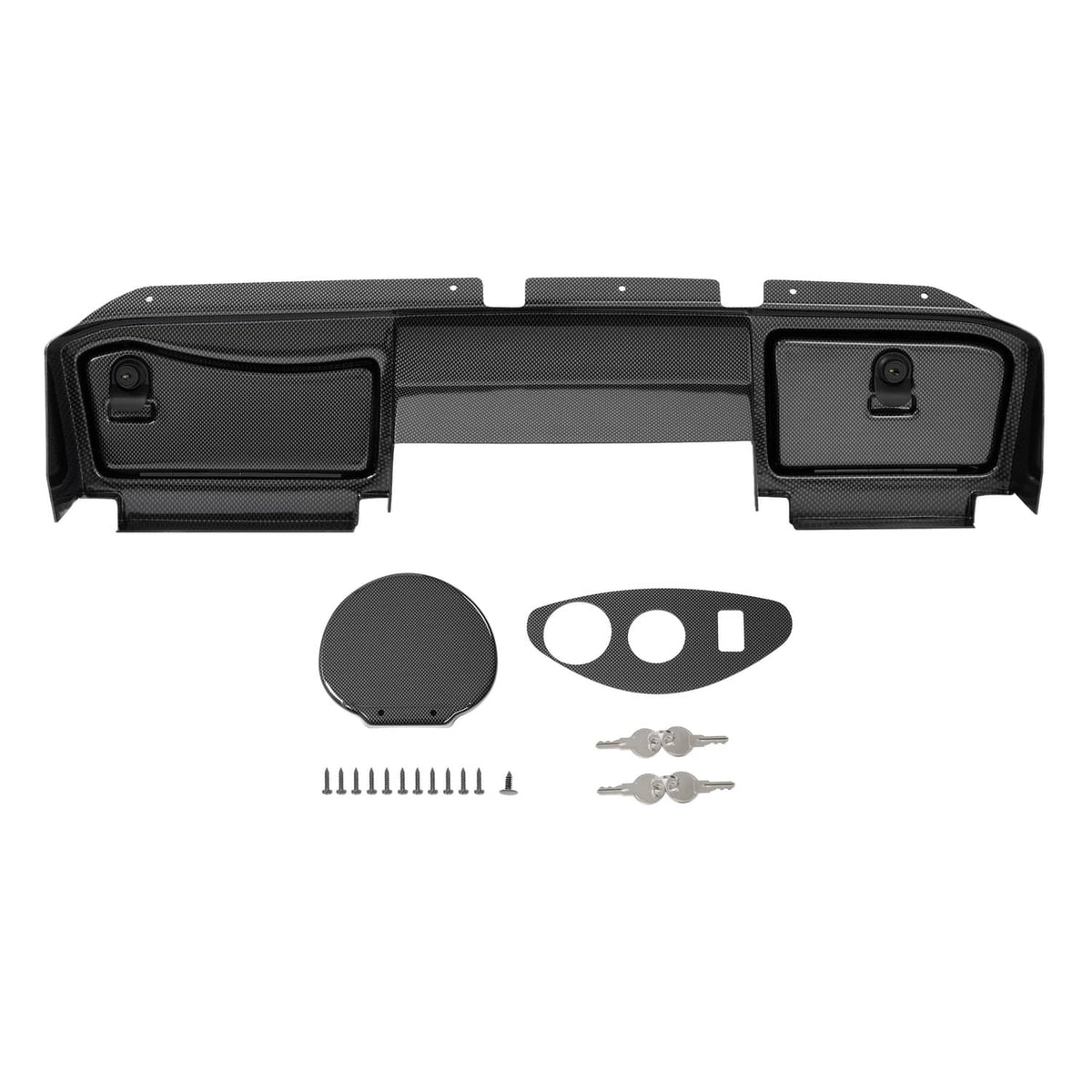 Black carbon-fiber style dash board cover with center trim, side covers, and key cutouts