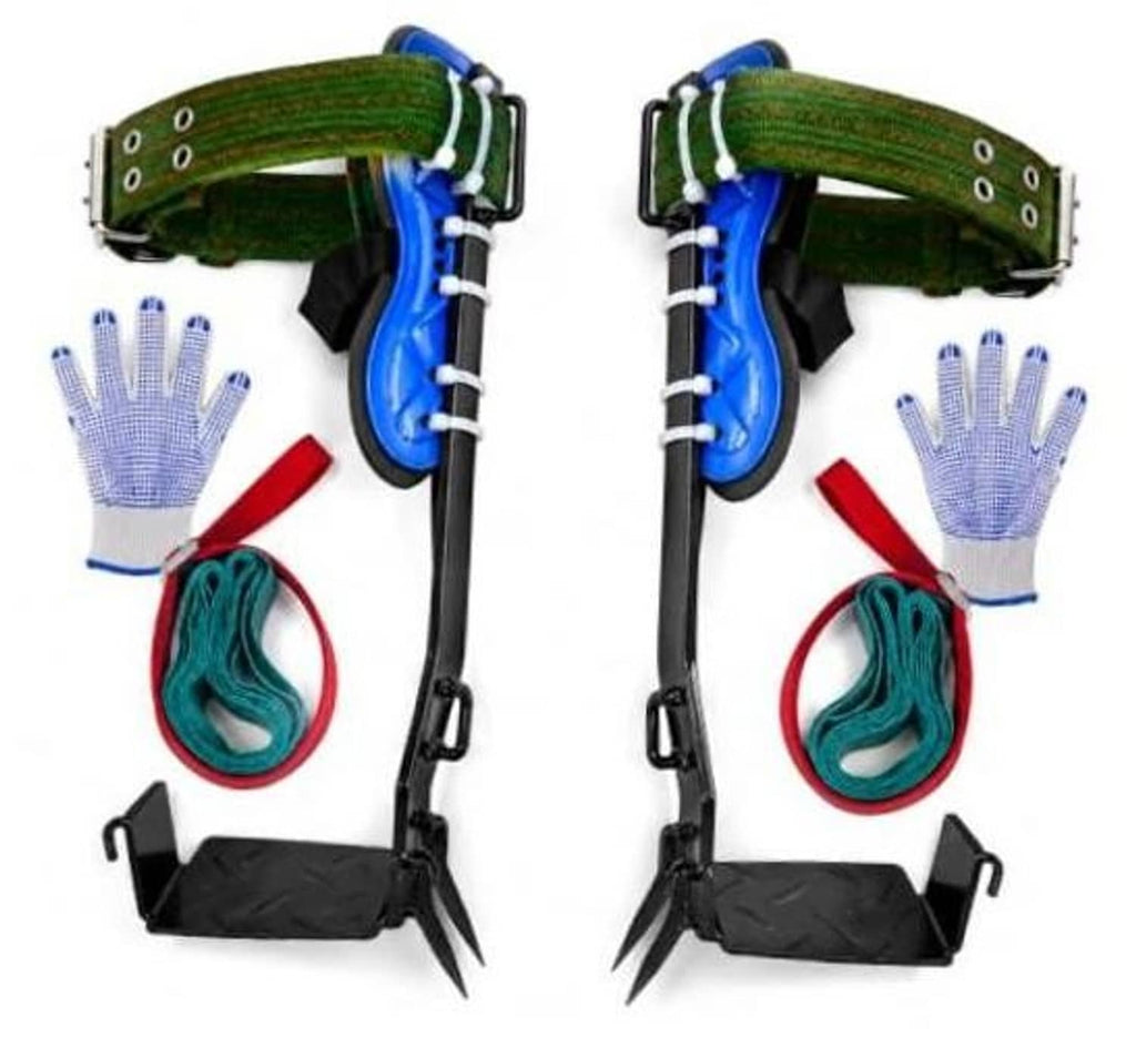Tree climbing spikes set with blue guards, green webbing straps, stainless claws, two pack