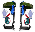 Tree climbing spikes set with blue guards, green webbing straps, stainless claws, two pack