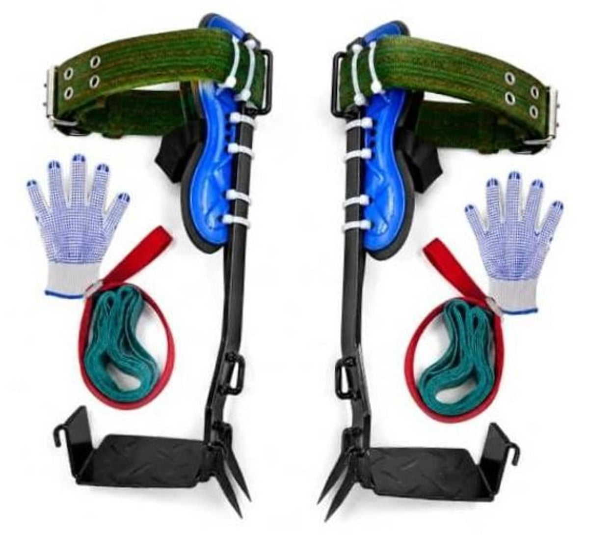 Tree climbing spikes set with blue guards, green webbing straps, stainless claws, two pack