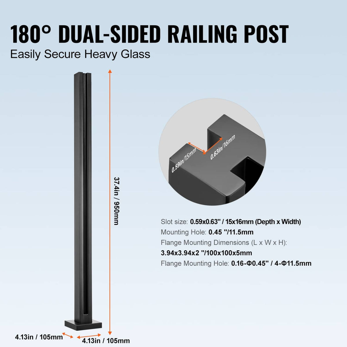 Black dual-sided glass railing post clamp with dimensions and foam strip slot detail