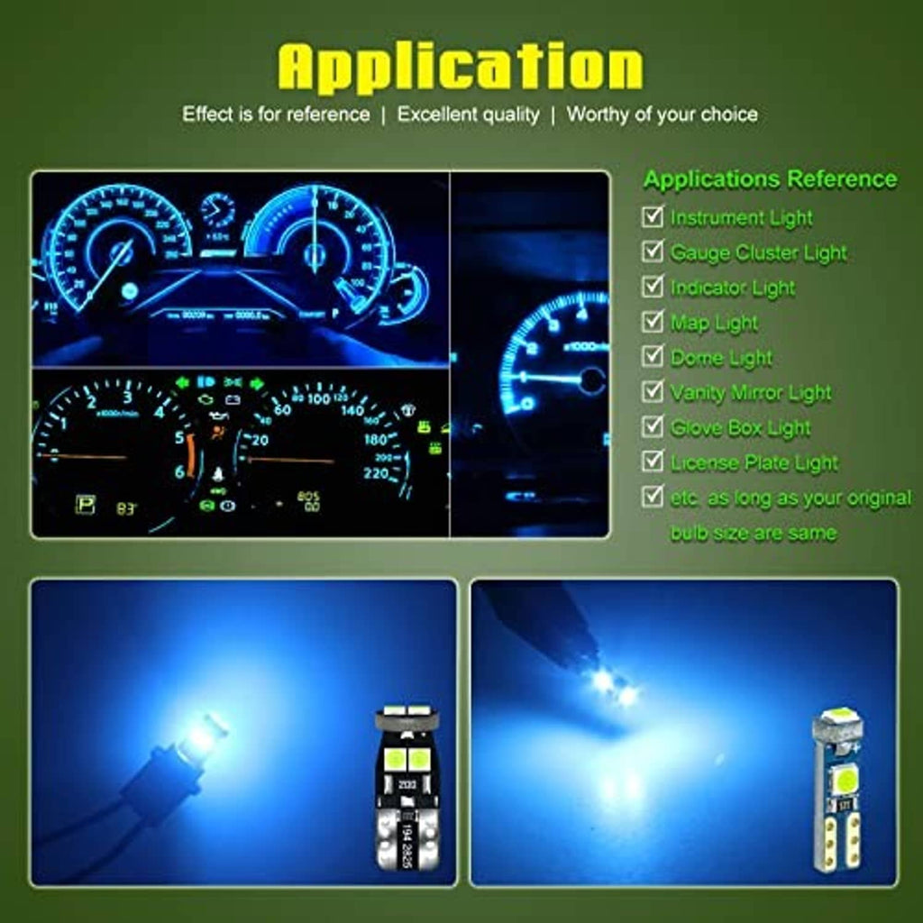 Ice blue LED bulbs lit in application scenes, including dashboard and headlight views