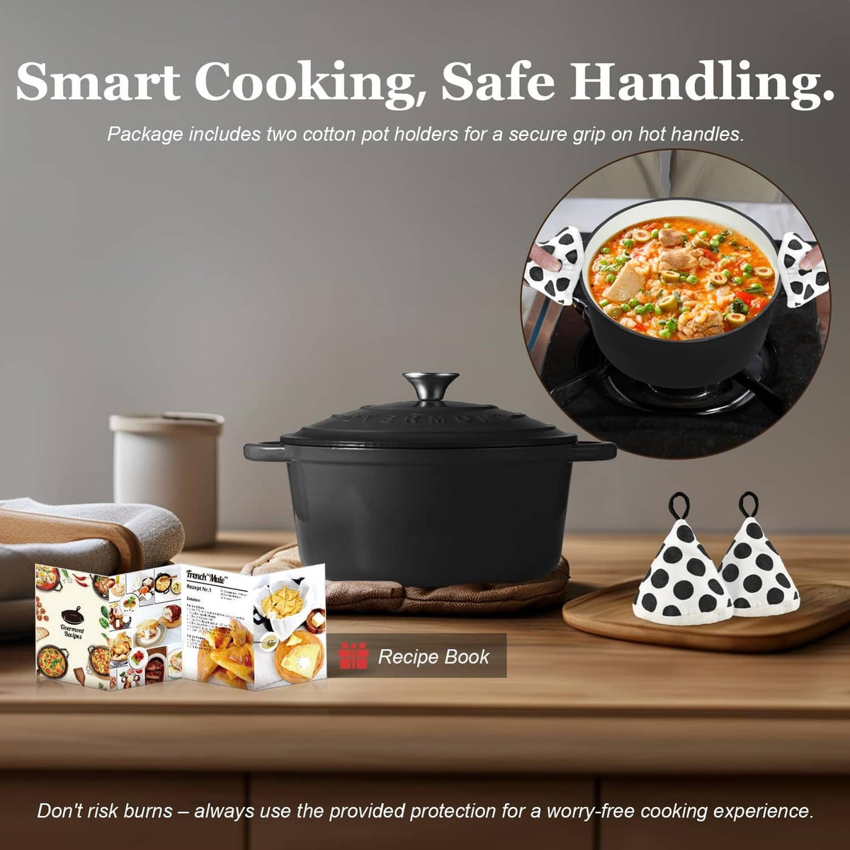 Black enameled cast iron Dutch oven with two patterned cotton pot holders and recipe book