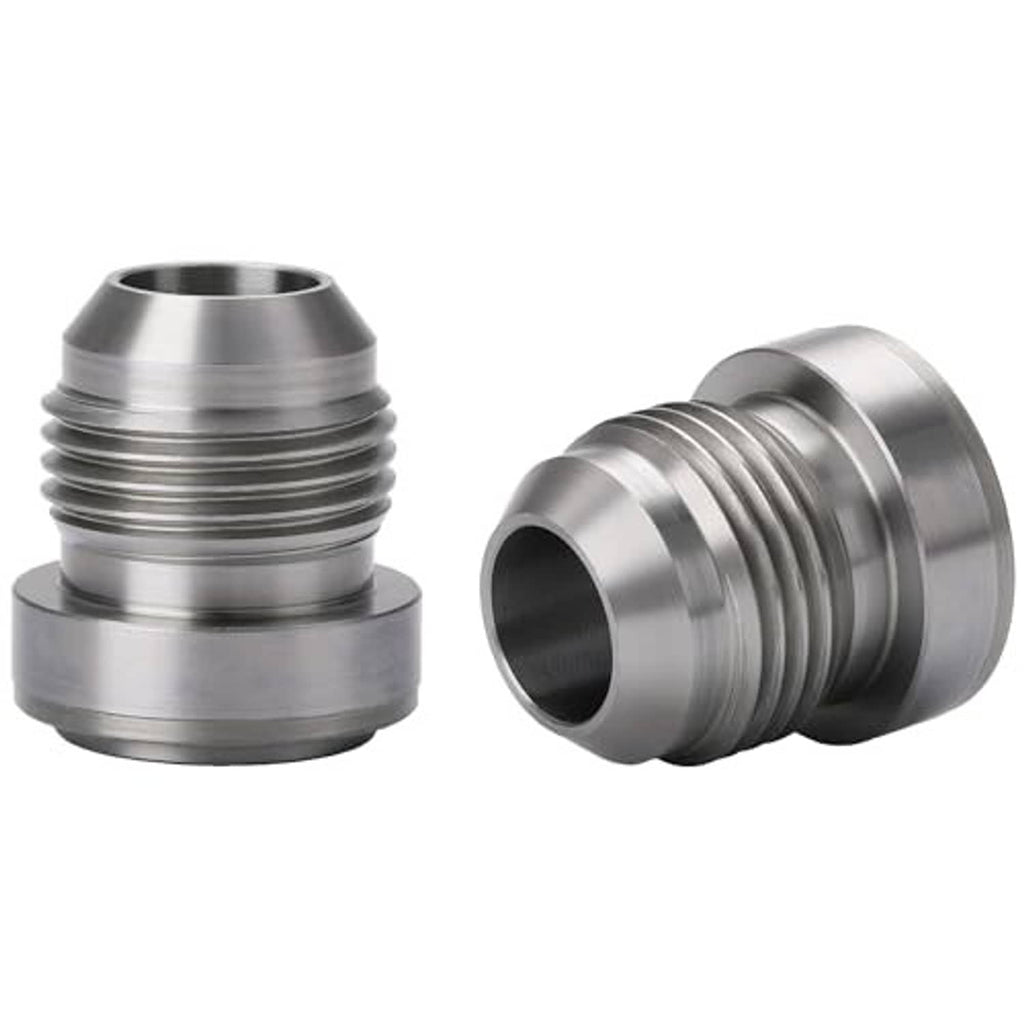 Steel 10AN male weld-on bung fitting adapter set, side view, male threads, open bore
