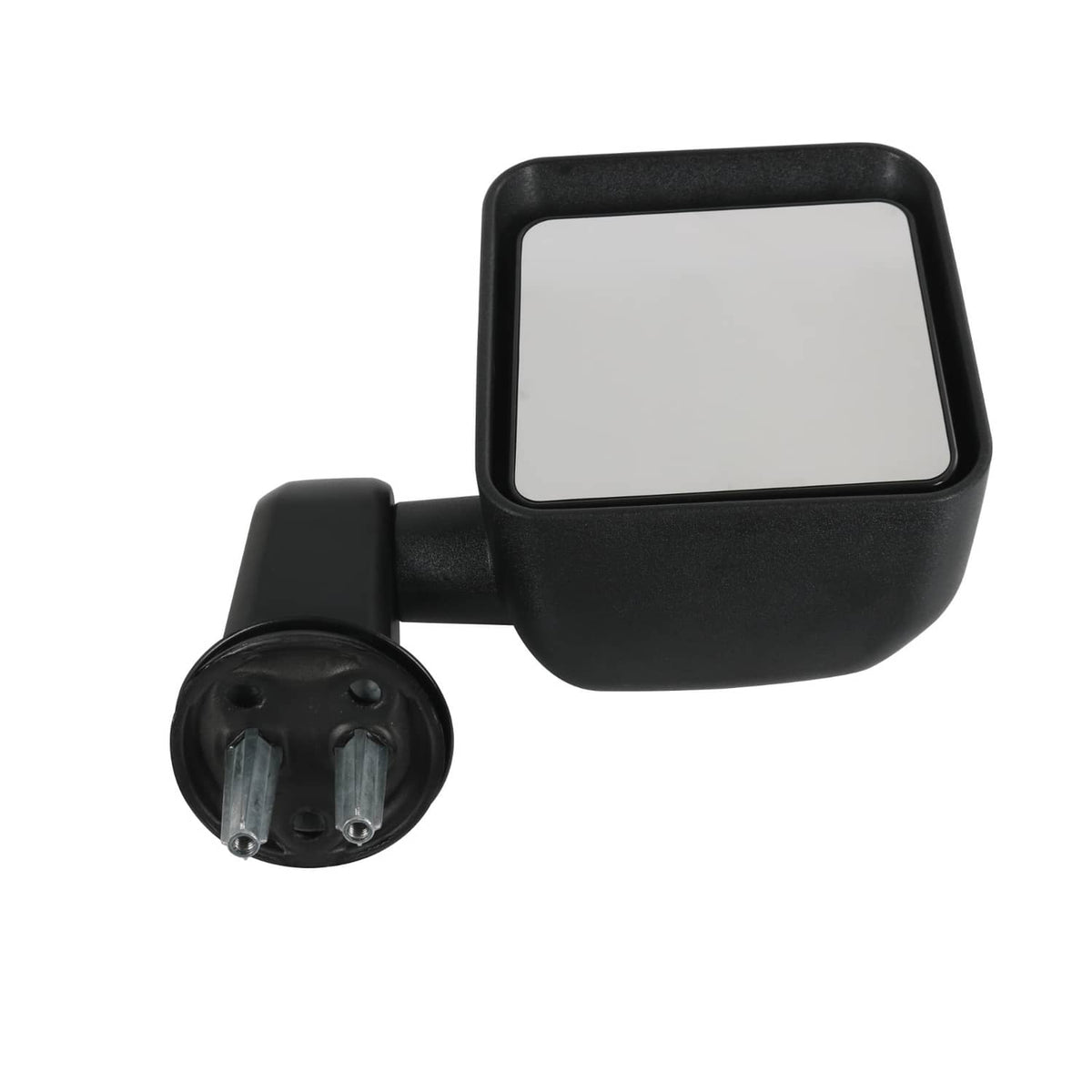 Black manual side mirror with clear rectangular glass and round bolt mounting base