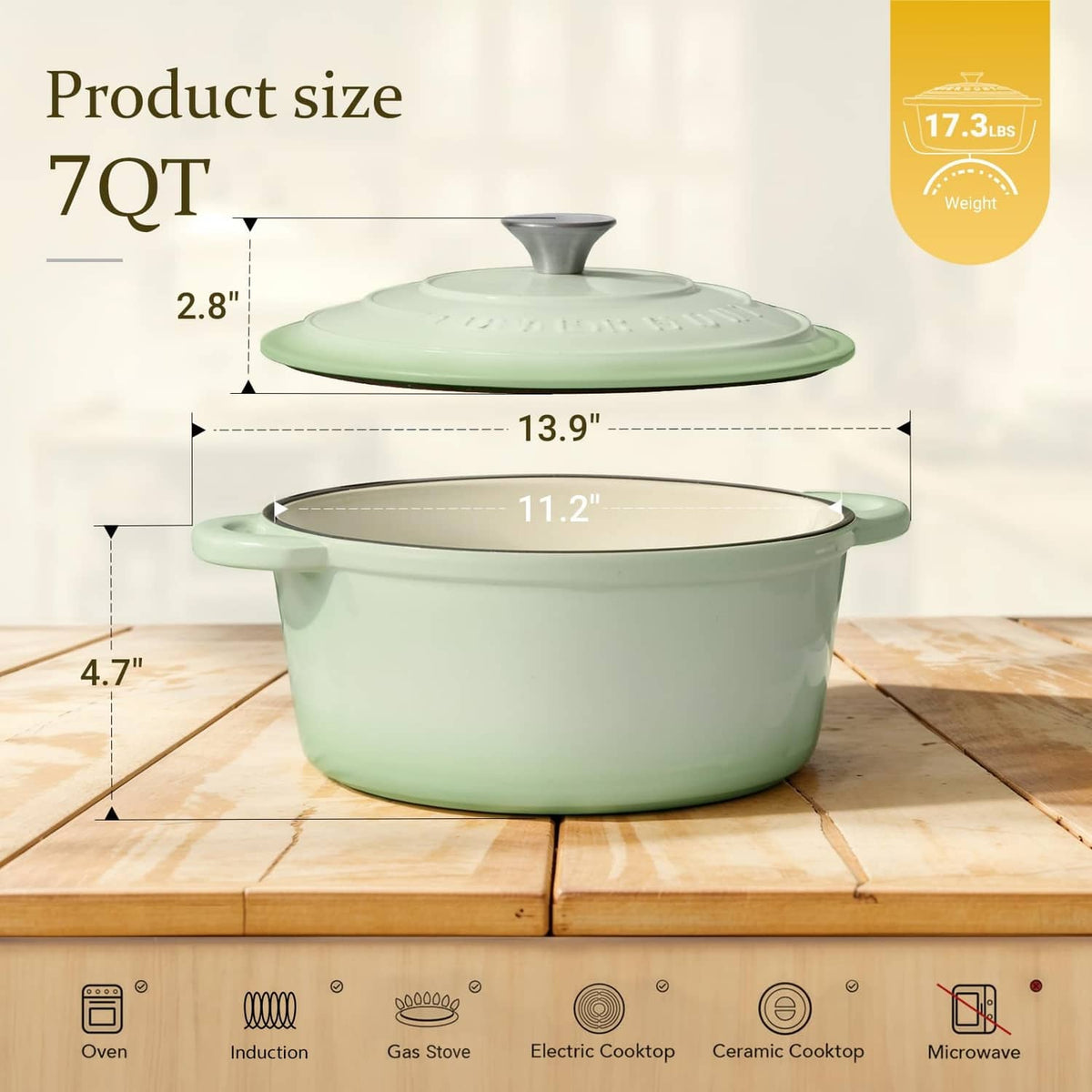 7 qt verdant green enameled Dutch oven with lid and vented knob