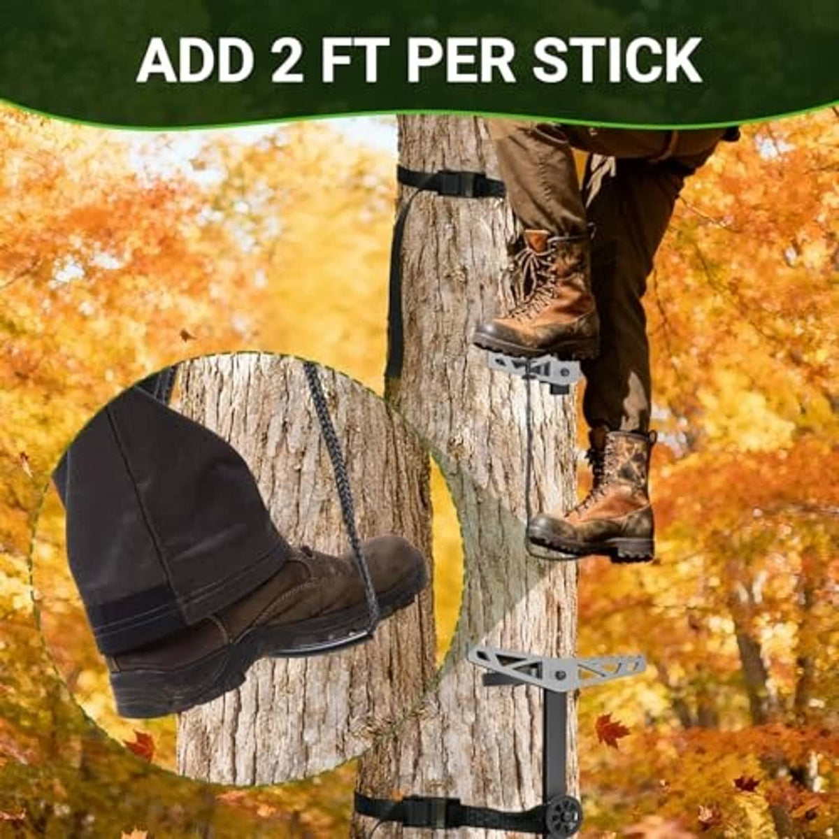 Climbing stick aider holding a boot on a tree with black cable loop and bracket