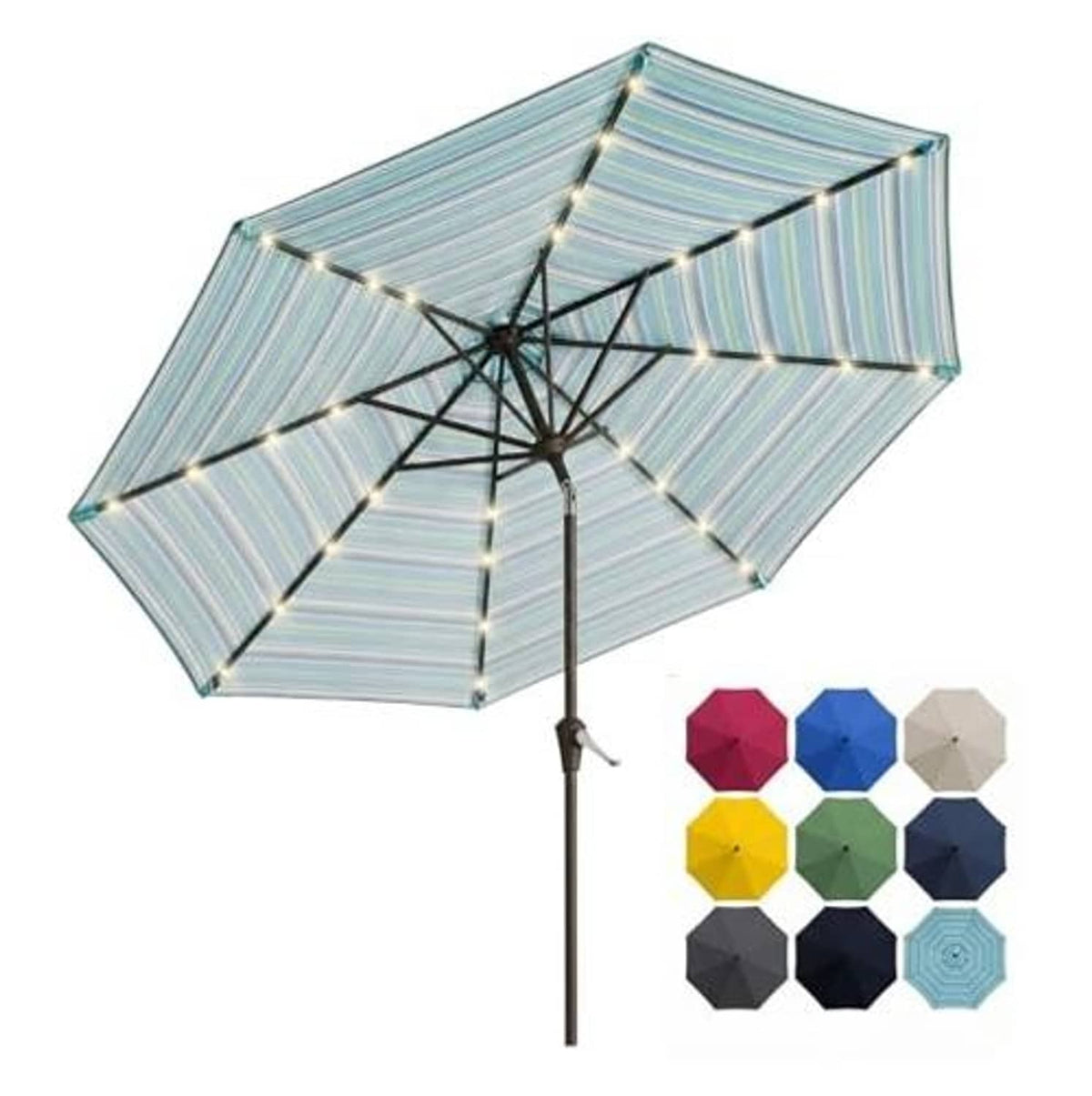 Blue and green striped patio umbrella canopy with solar string lights and center pole